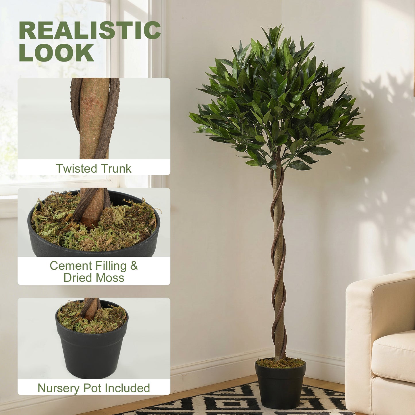 Outsunny Artificial Bay Laurel Topiary Trees Twisted Trunk Set 2 with Weighted Pots Topiary Balls Outdoor