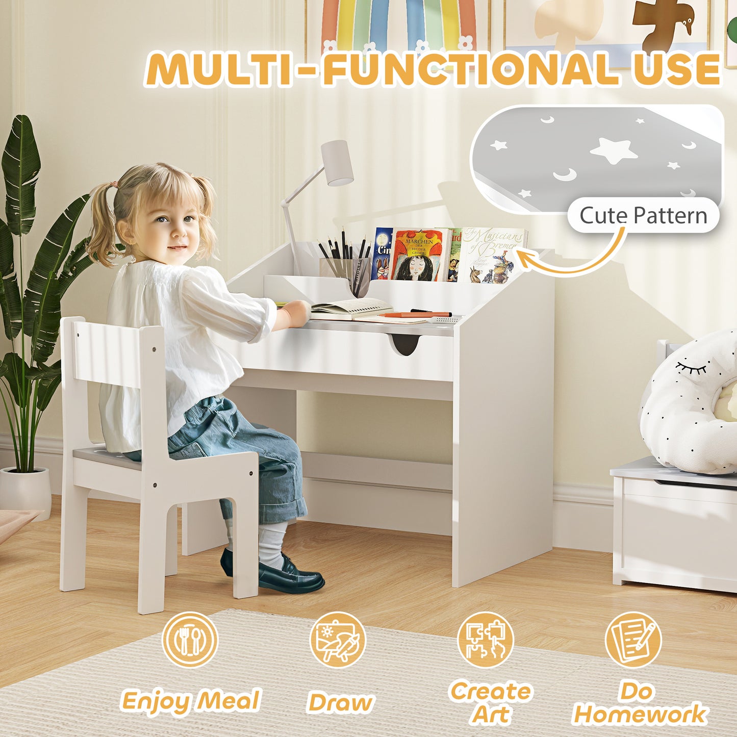 AIYAPLAY Children Study Table and Chair Set With Storage Drawer For Ages 3 To 6 Grey