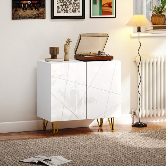 HOMCOM Modern Luxe High Gloss Sideboard White With Hairpin Legs Gold Colored Two Large Storage Compartments