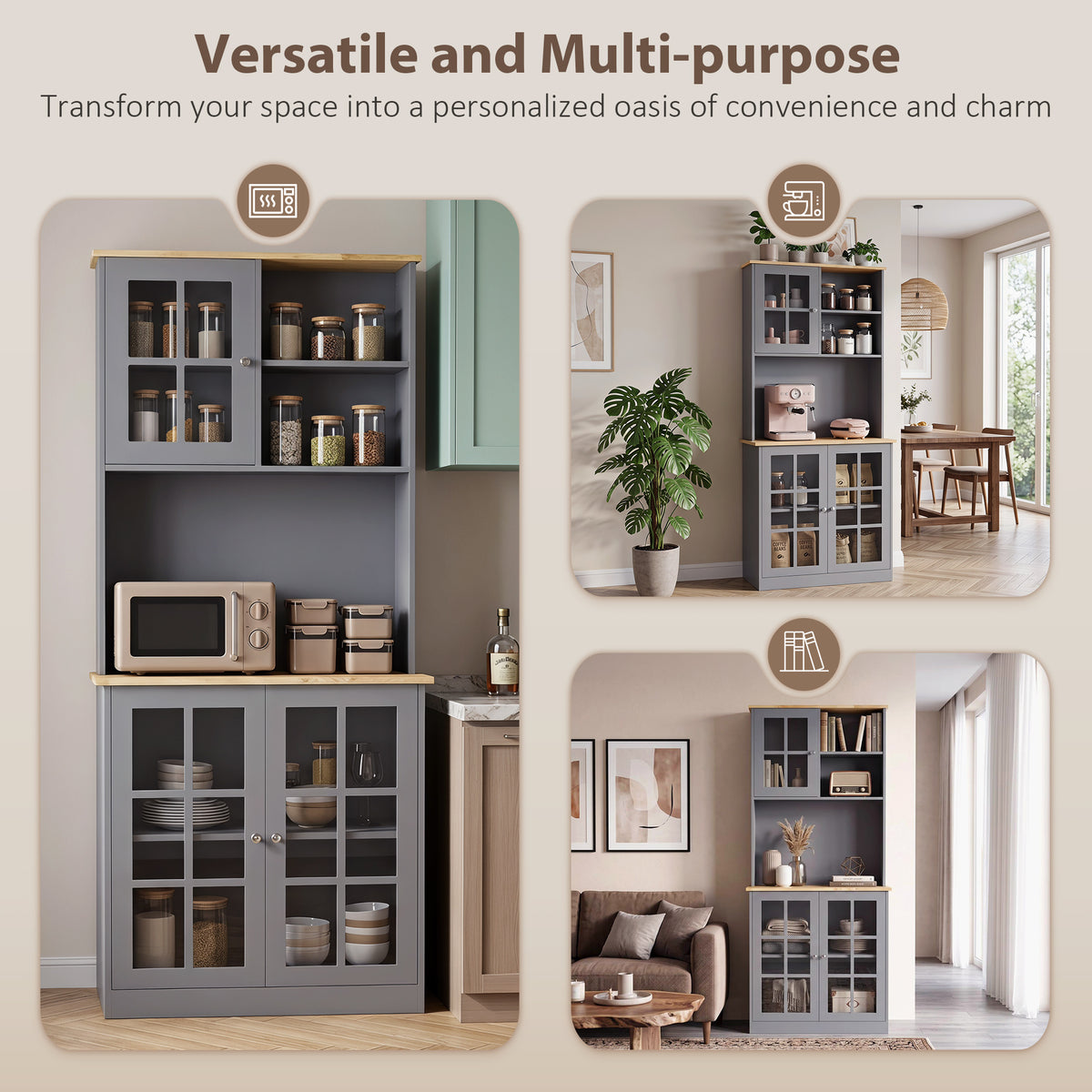 Homcom Kitchen Buffet Hutch With Three Cabinets And Open Shelves Grey