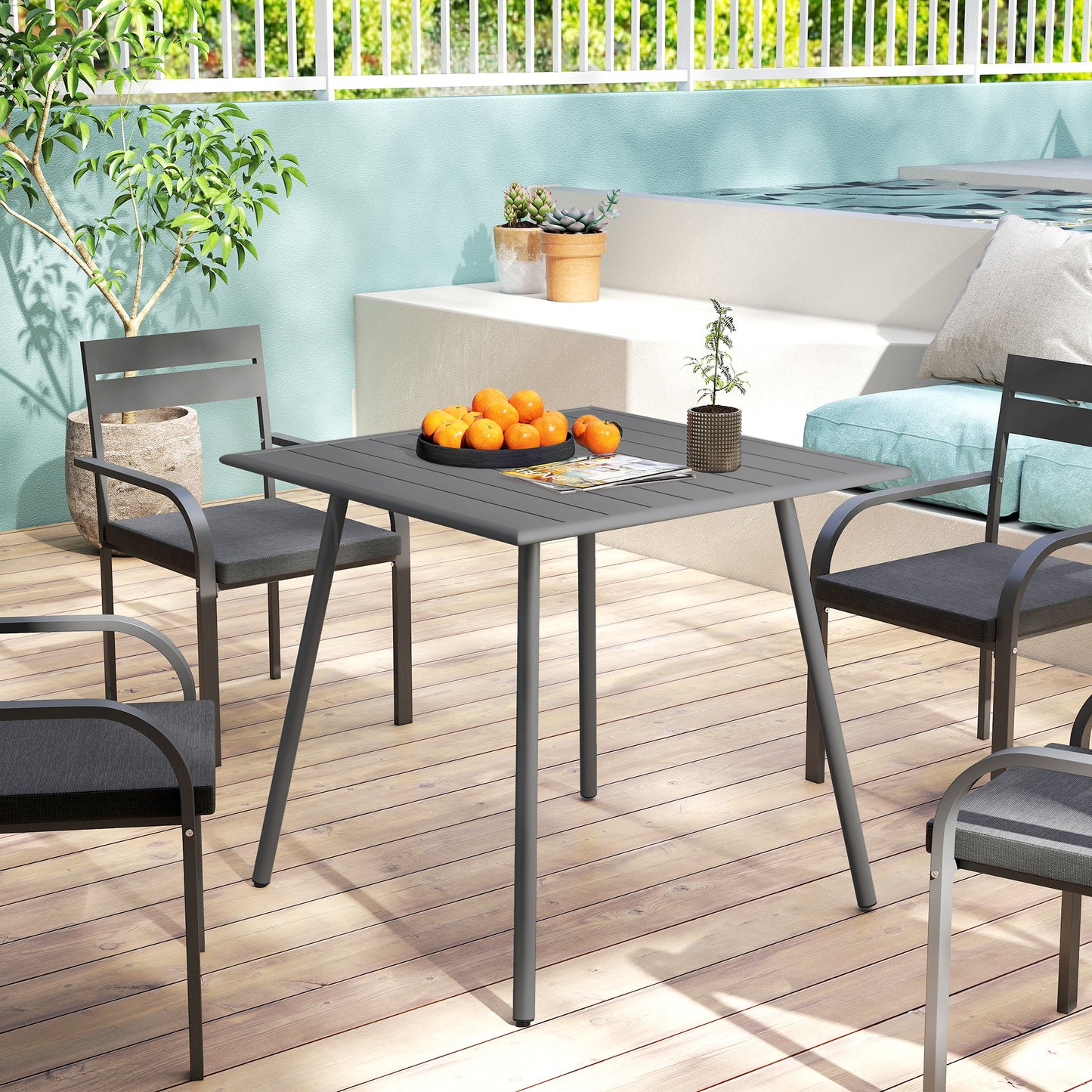 Outsunny Square Garden Table With Slat Top And Steel Frame For Four People 80 x 80 x 74 cm Grey