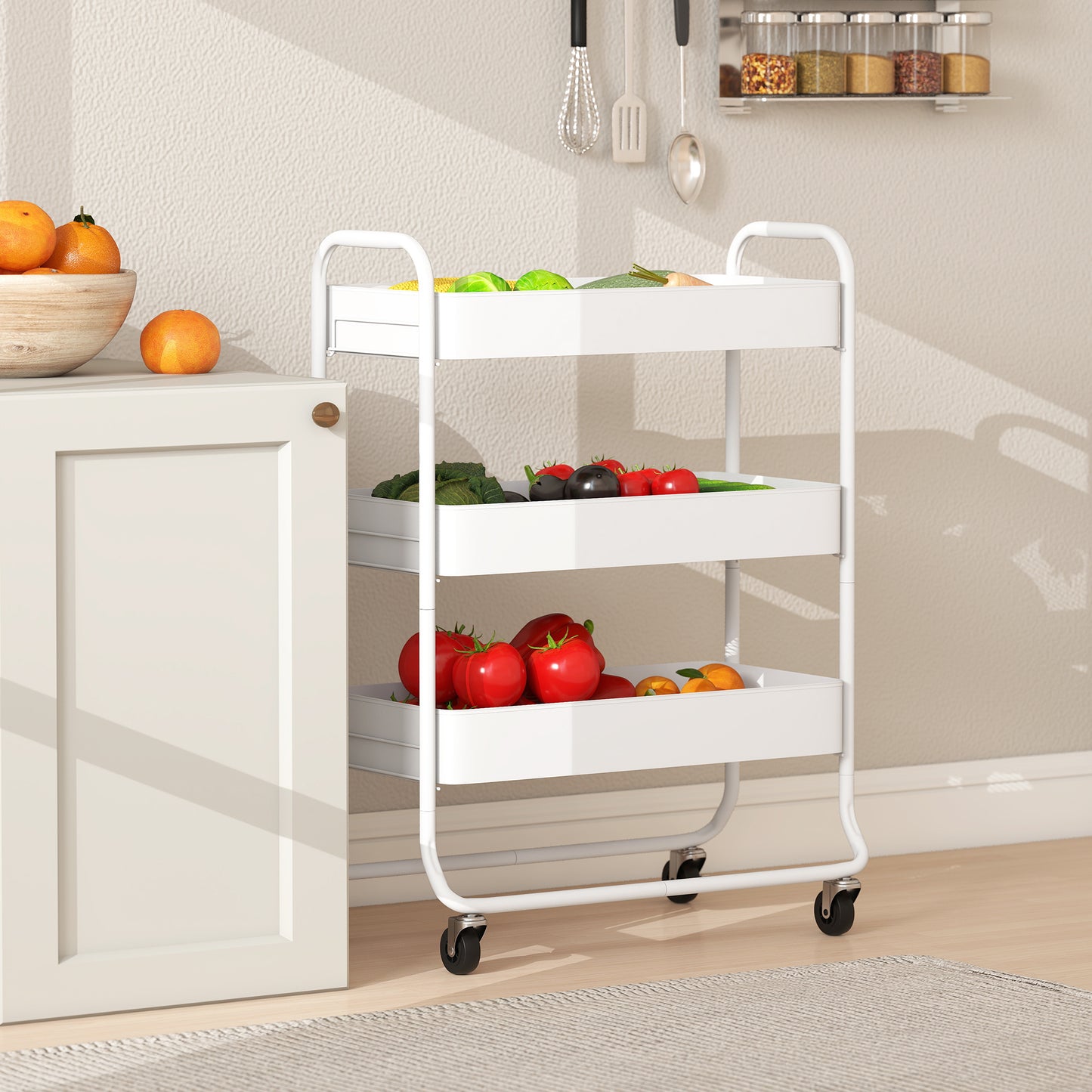 HOMCOM 3 Tier Storage Trolley on Wheels Rolling Utility Cart with Mesh Baskets for Kitchen Bathroom and Bedroom White