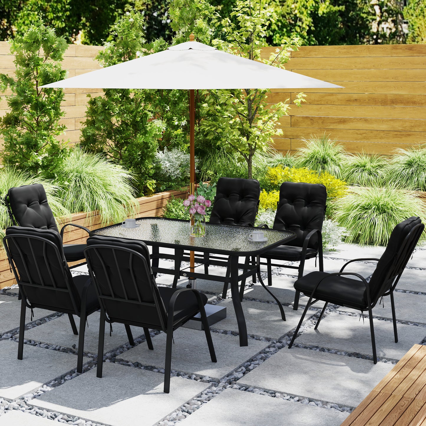 Outsunny Seven Piece Garden Dining Set With Cushions Black Steel Frame And Tempered Glass Table