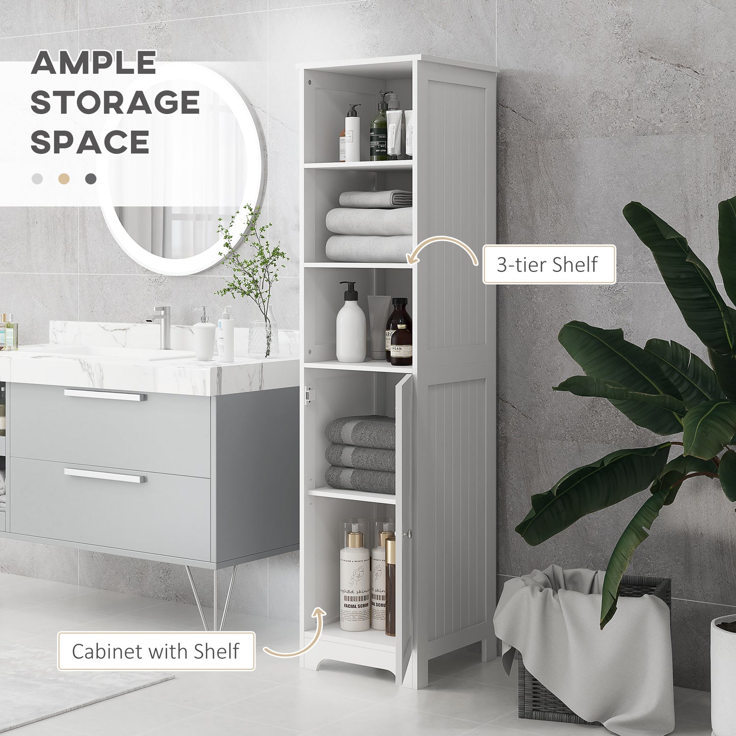 HOMCOM Slim Tall Bathroom Storage Cabinet With 3 Open Shelves And 2 Tier Cabinet With Door White