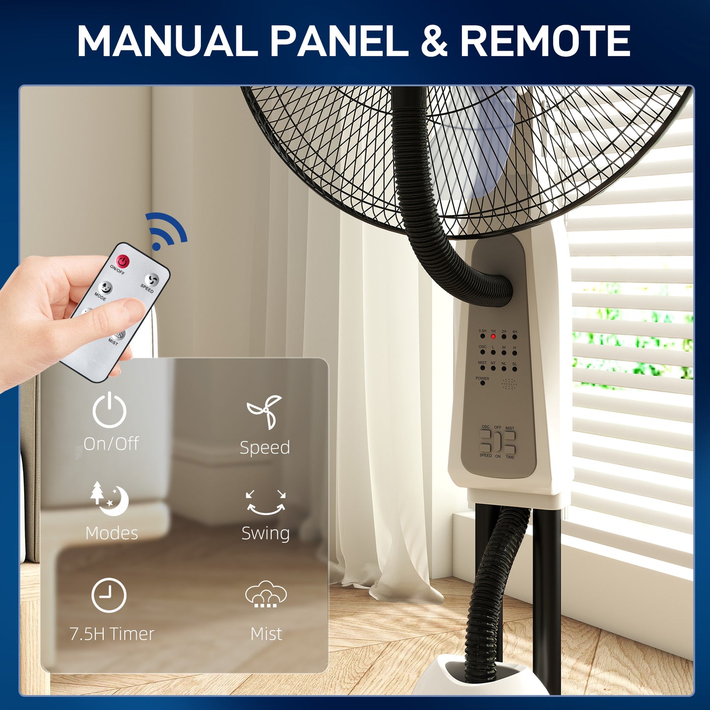 HOMCOM Pedestal Fan With Water Mist Spray 3 Speeds 2.8L Water Tank For Cooling Home Use White