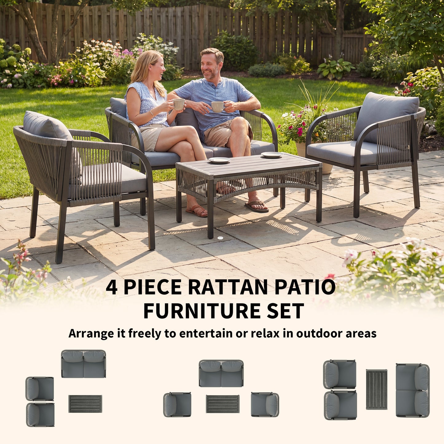 Outsunny 4 Piece Rattan Garden Furniture Set Loveseat Armchairs Table Steel Frame Wicker Patio Conversation Set Grey