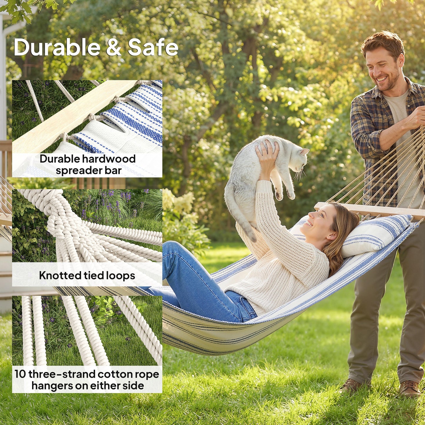 Outsunny Cotton Hammock With Headrest And Side Pocket Portable Swing Blue And White Outdoor Relaxation