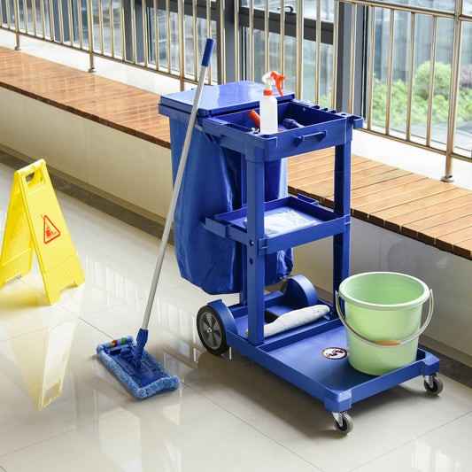 HOMCOM Portable Janitorial Cleaning Trolley with Multi-Tier Shelves and Trash Bag - ALL4U RETAILER LTD