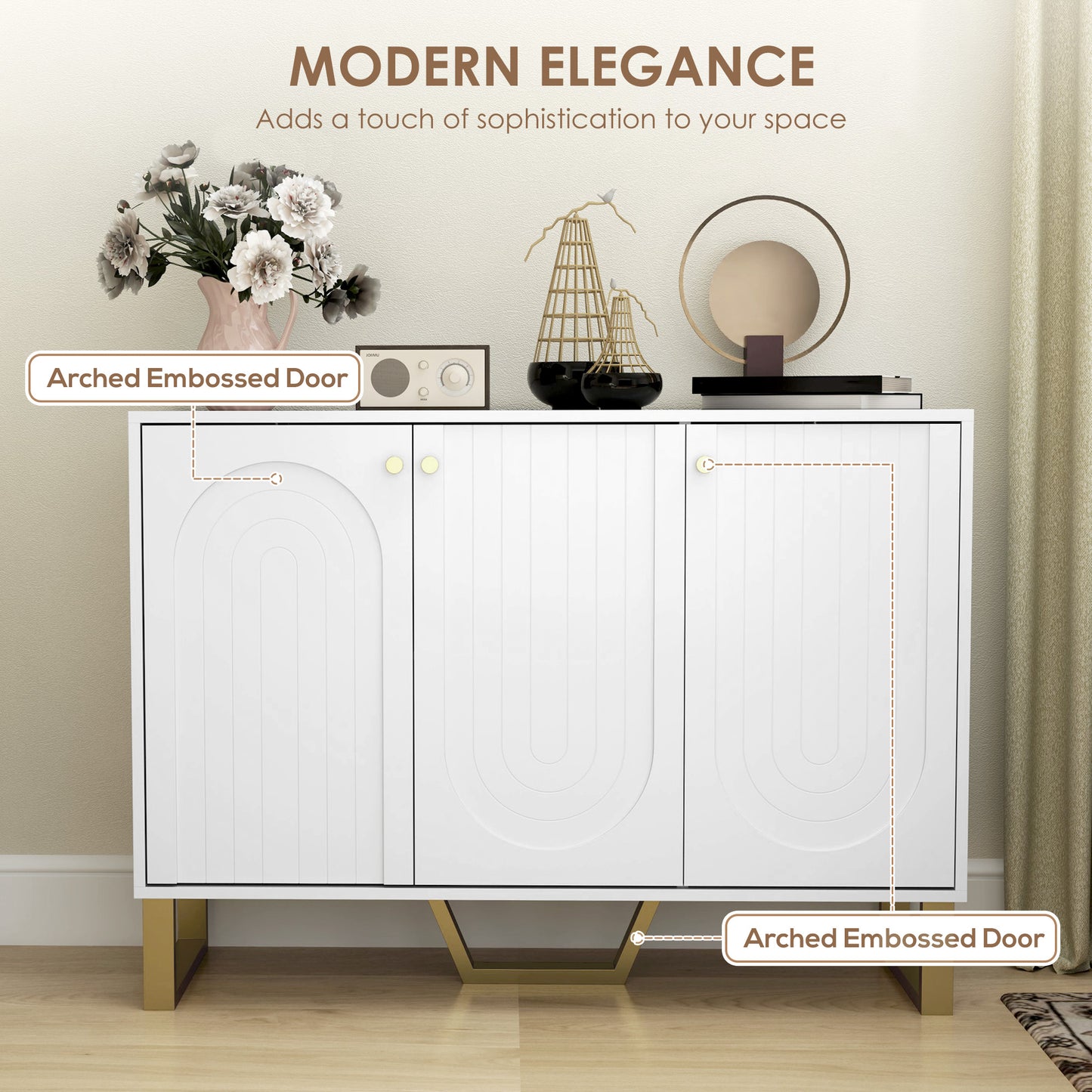 HOMCOM 3 Door Sideboard Storage Cabinet White With Adjustable Shelves Arched Doors And Gold Accents