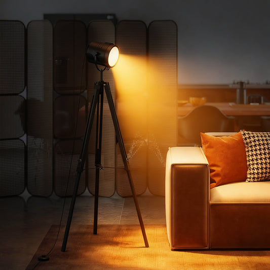 HOMCOM Industrial Tripod Floor Lamp Nautical Searchlight With Adjustable Height Wood Legs E14 Lamp Base Black