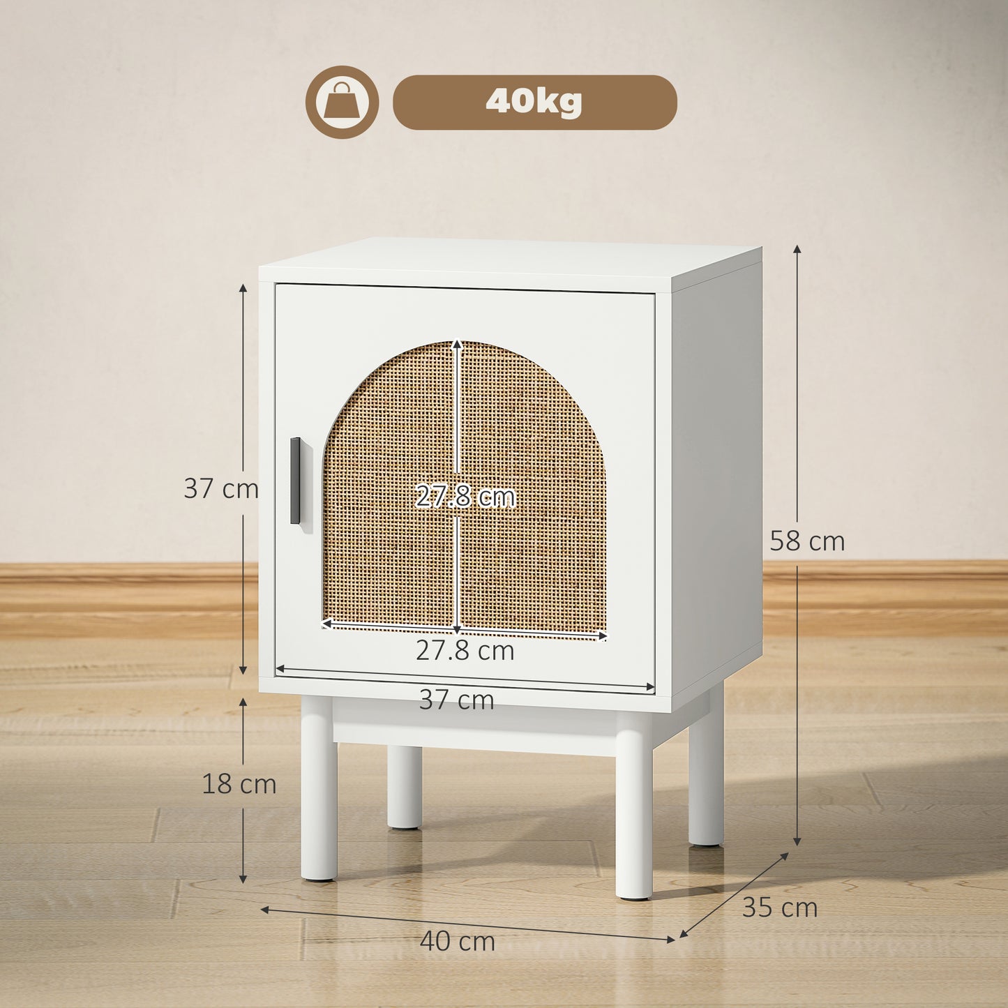 HOMCOM Rattan Bedside Table White Two Tier With Adjustable Shelves Arch Door Non Slip Wood Legs