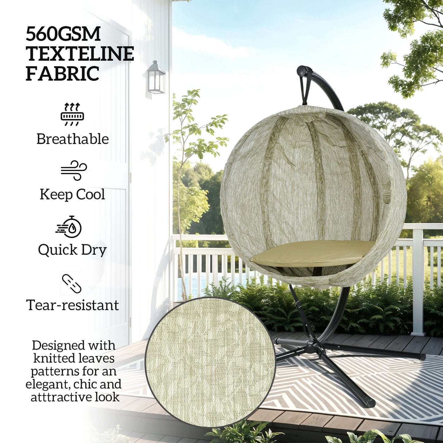 Outsunny Hanging Egg Chair Garden Swing With Folding Basket Thick 13cm Cushion Cup Holder Patio Khaki