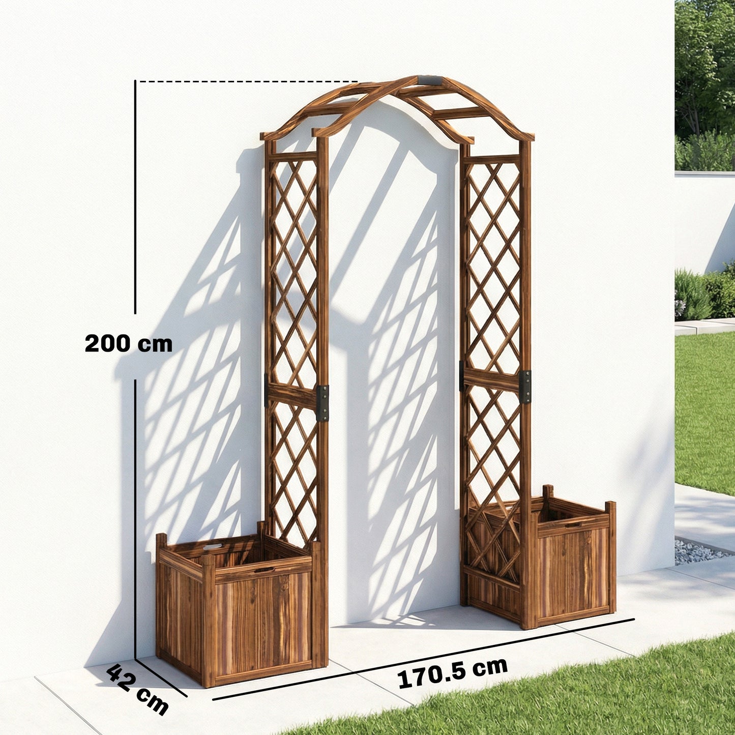 Outsunny Wooden Garden Arch With Two Planter Boxes Outdoor Rose Arch Trellis For Climbing Vines Carbonised Finish