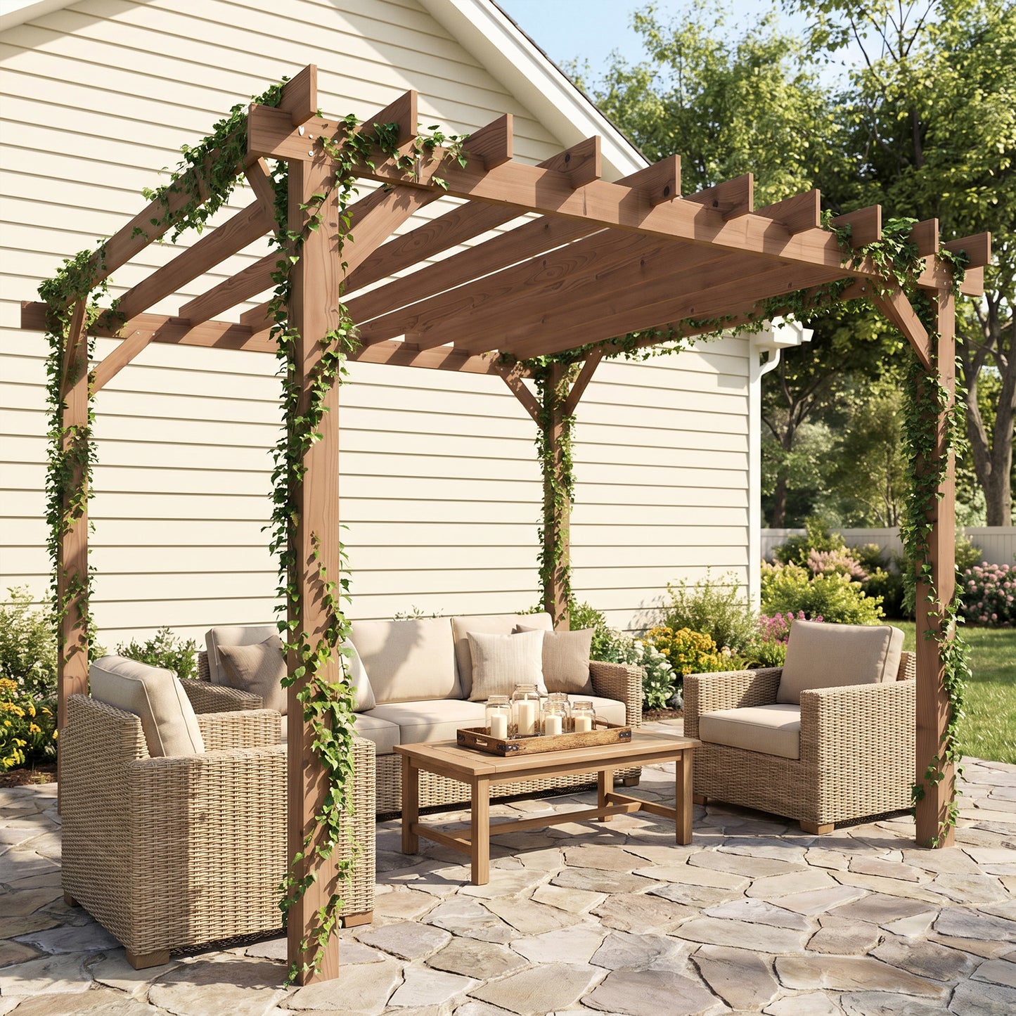 Outsunny 3 x 3 m Wooden Pergola Kit Garden Pergola Gazebo Grape Trellis With Triangle Supports Maple Wood Effect