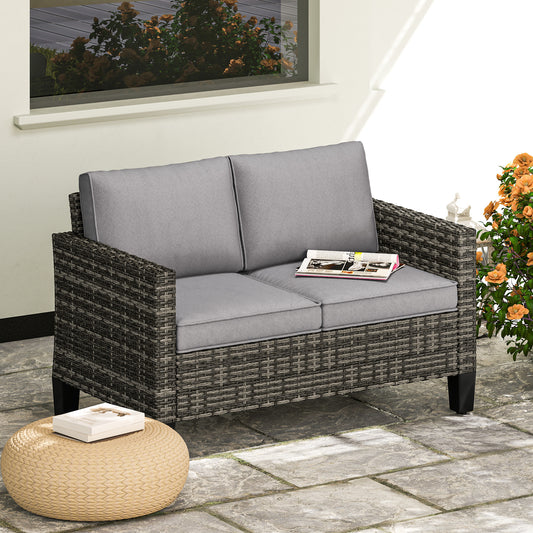 Outsunny Two Seater Rattan Outdoor Sofa Dark Grey With Thick Cushions And Adjustable Feet