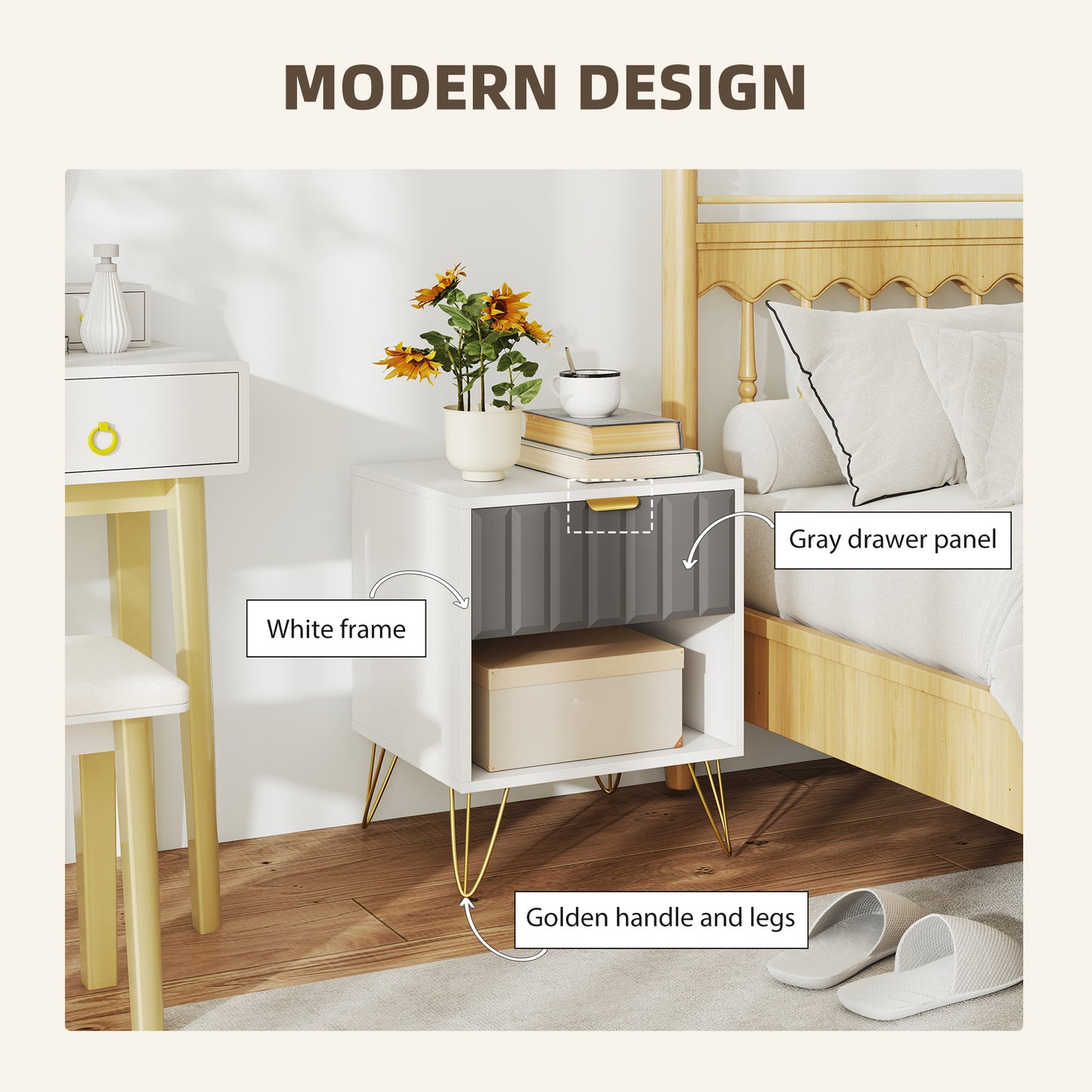 HOMCOM White Bedside Table With Drawer And Open Shelf Cabinet Modern Nightstand 45 x 40 x 55 cm