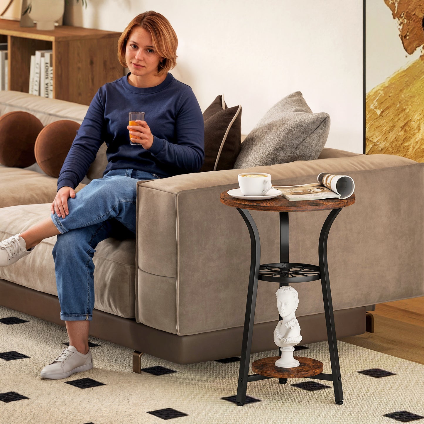HOMCOM Small Round Side Table With Three Storage Shelves Rustic Brown And Black Metal Frame End Table