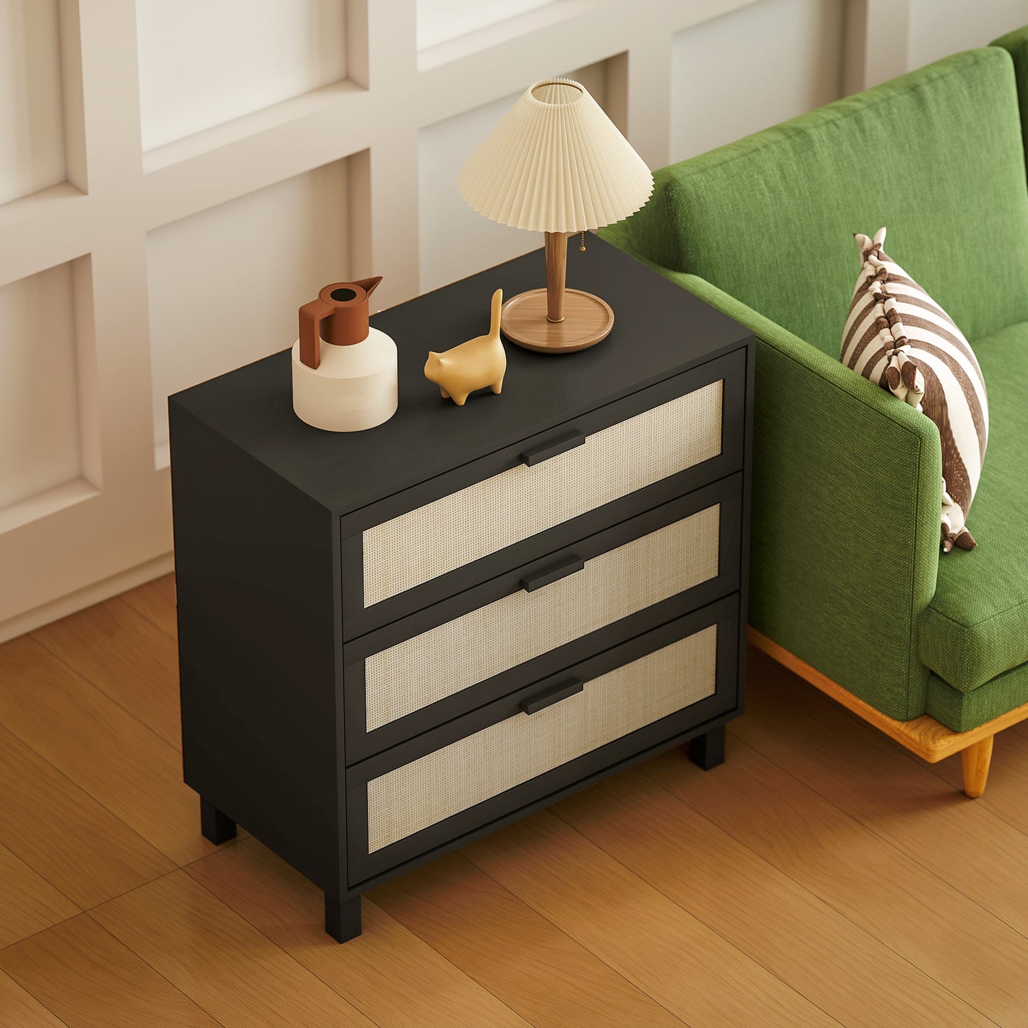 HOMCOM Rattan Bedroom Chest Of Drawers 3 Drawers Storage Unit Boho Dresser For Living Room Hallway Black