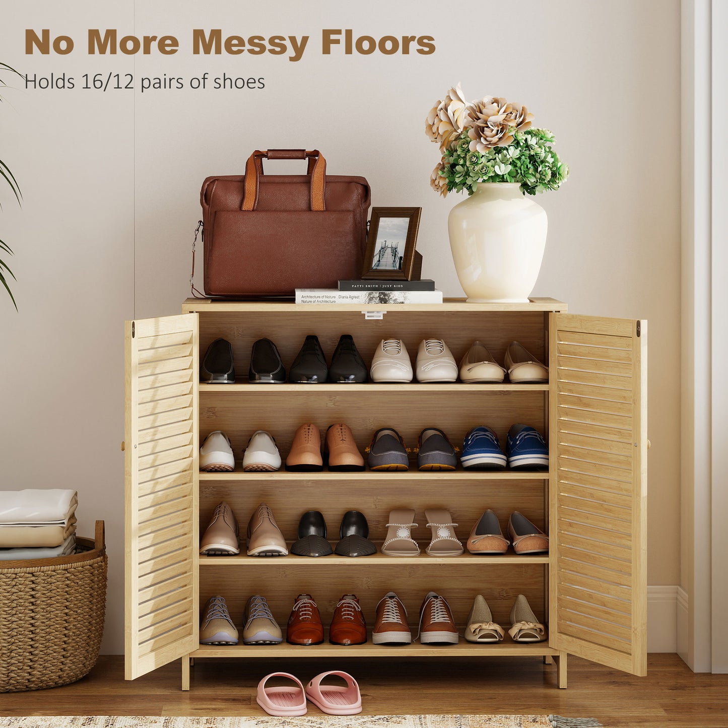 HOMCOM Bamboo Shoe Cabinet With Louvered Doors 14 Pairs Storage Adjustable Shelves For Hallway Natural Finish