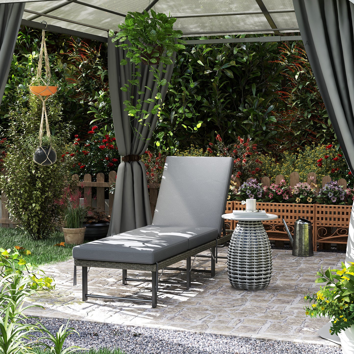 Outsunny Single Folding Rattan Sun Lounger With Cushion Grey Adjustable Back Six Position