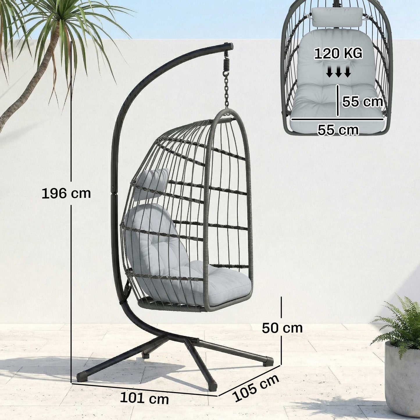 Outsunny Hanging Egg Chair With Stand, Indoor Outdoor Swing Chair With Cushion, Adjustable Height, Safety Strap, Grey