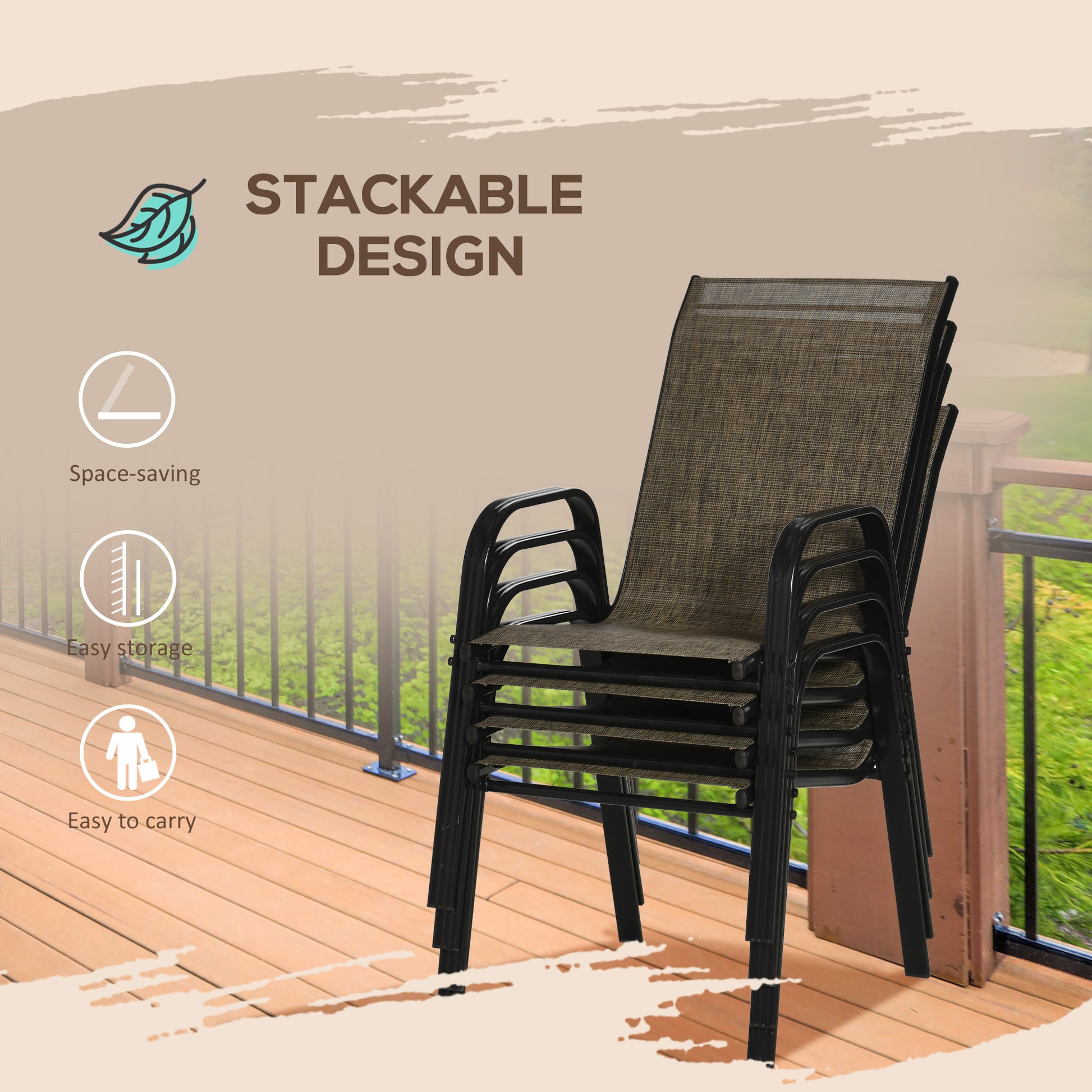 Outsunny Set of 4 Stacking Outdoor Dining Chairs with High Backrest and Armrests in Mixed Brown Mesh Fabric - ALL4U RETAILER LTD