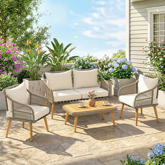 Outsunny 4 Piece Rattan Garden Furniture Set With Loveseat Armchairs And Wood Table Conversation Set Cream White