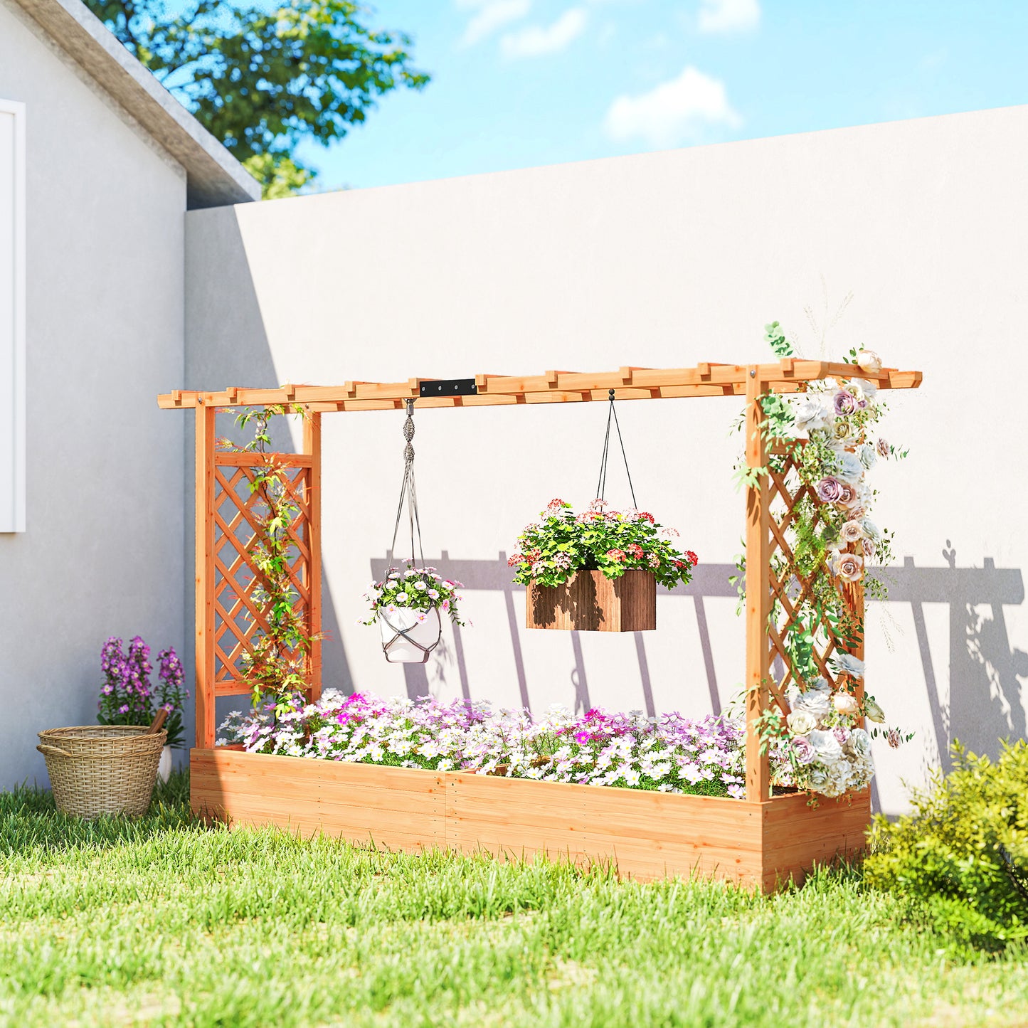 Outsunny Fir Wood Raised Planter With Trellis And Roof Drainage Holes Outdoor Garden Bed 175 X 39 Cm Planter Box