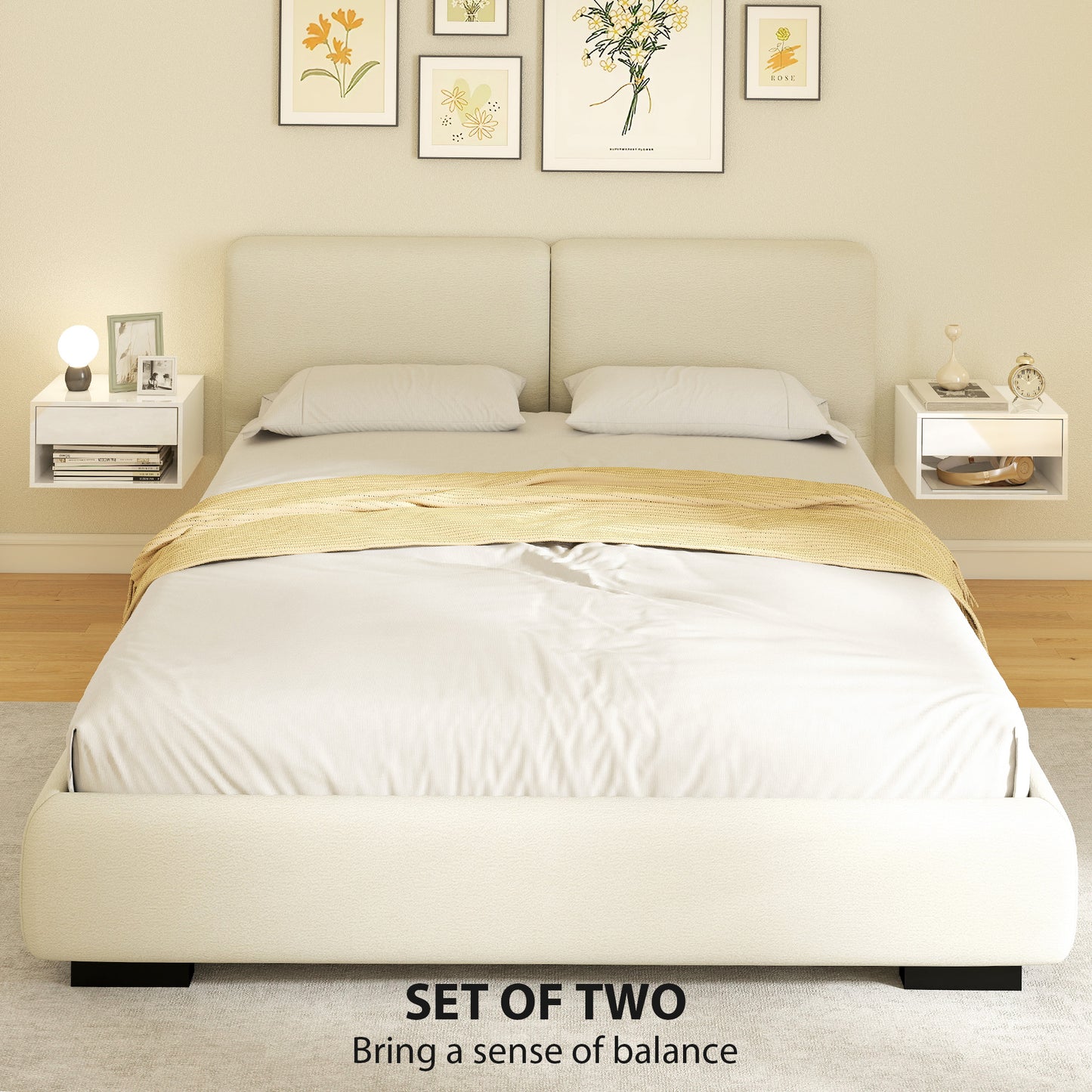 HOMCOM Set of Two Floating Bedside Tables Wall Mounted Nightstands with Drawer and Open Shelf High Gloss White