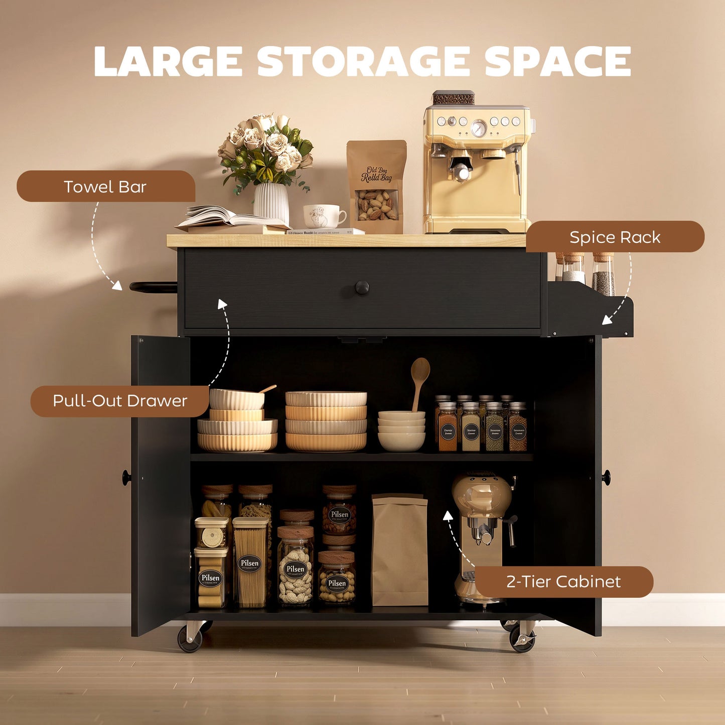 HOMCOM Kitchen Island With Drop Leaf Rolling Cart And Storage Drawer