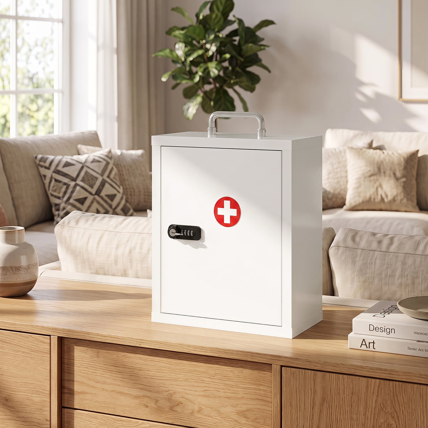 HOMCOM Wall Mount Medicine Cabinet With Combination Lock And Key Lock 3 Tier Steel First Aid Cabinet White
