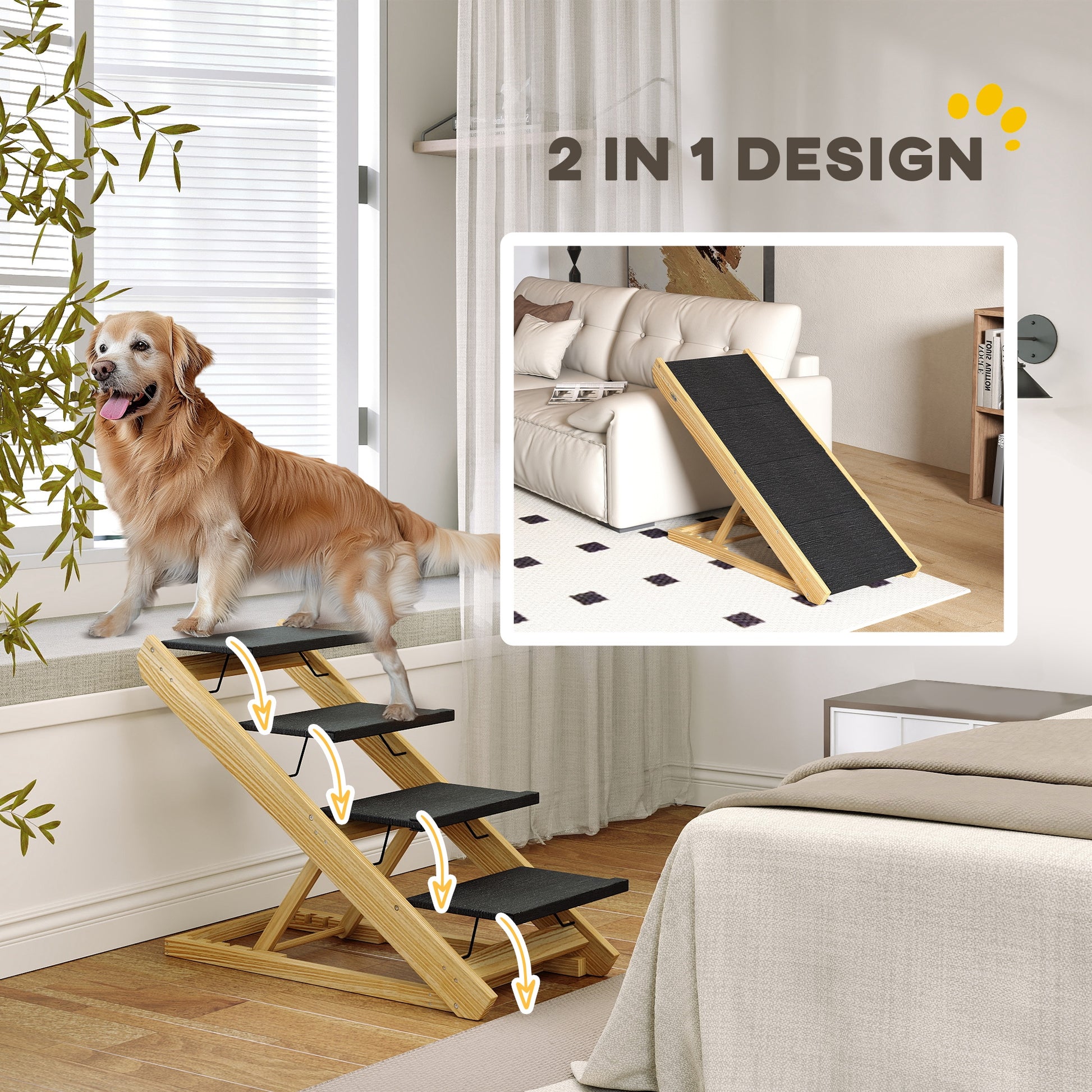 PawHut 2-in-1 Foldable Pet Stairs and Ramp for Large Dogs, Adjustable Non-slip Steps for Easy Access to Beds and Sofas - ALL4U RETAILER LTD