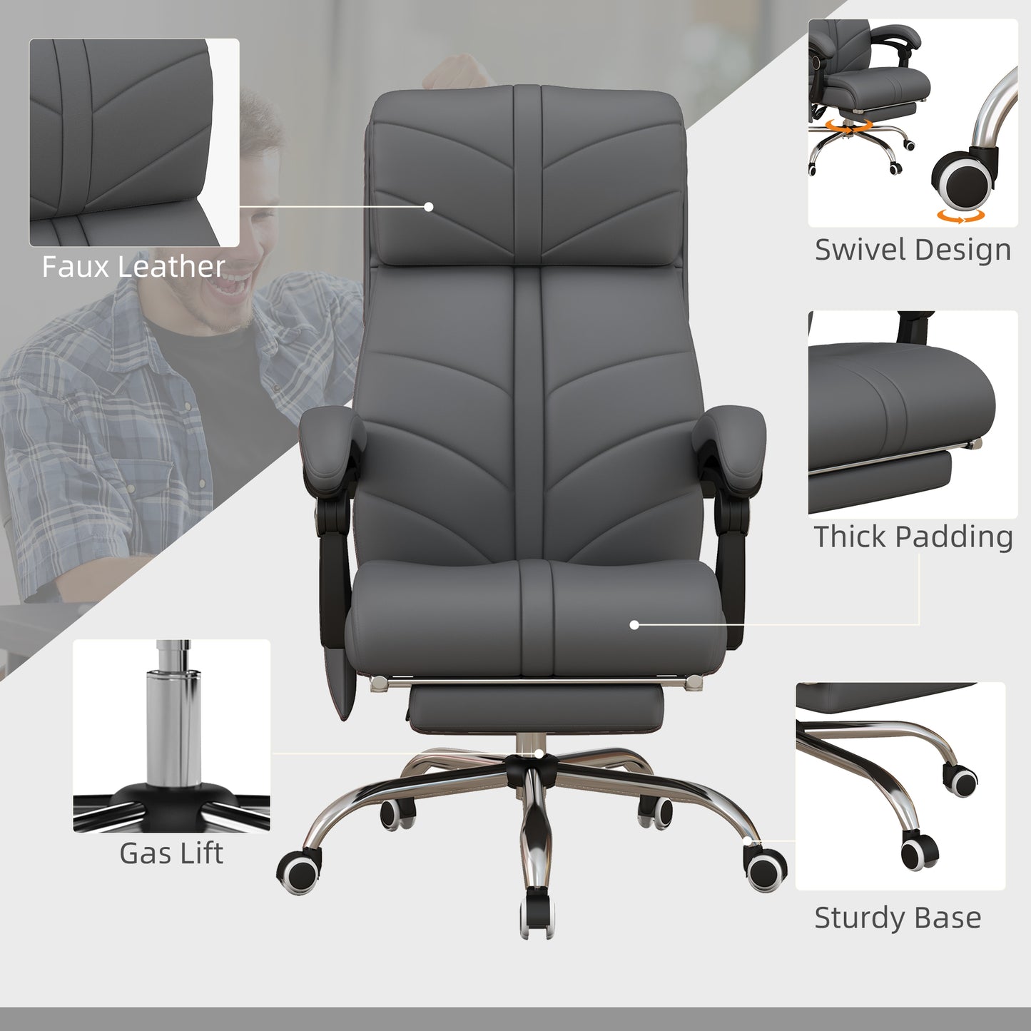 Vinsetto Heated Vibration Massage Computer Chair with Footrest and Reclining Feature in Grey PU Leather - ALL4U RETAILER LTD