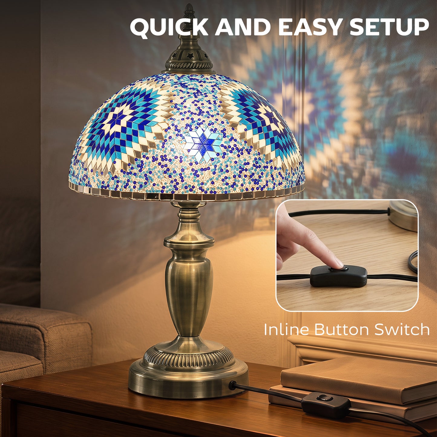 Homcom Blue Tiffany Stained Glass Bedside Table Lamp With Metal Base