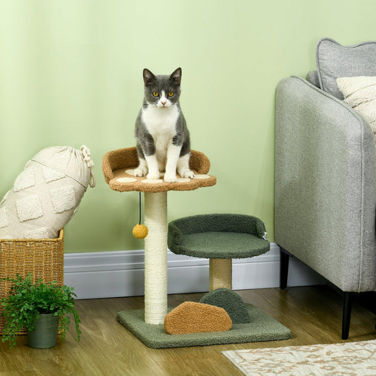 PawHut Small Cat Tree for Indoor Cats, Scratching Posts with Two Beds, Toy Ball - ALL4U RETAILER LTD
