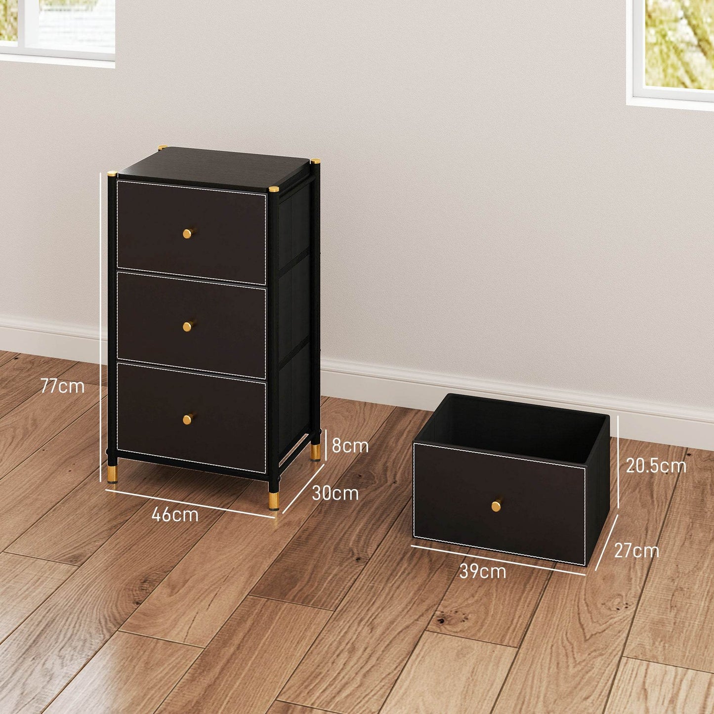 HOMCOM Sleek Black Faux Leather 3-Drawer Chest with Gold Accents - ALL4U RETAILER LTD