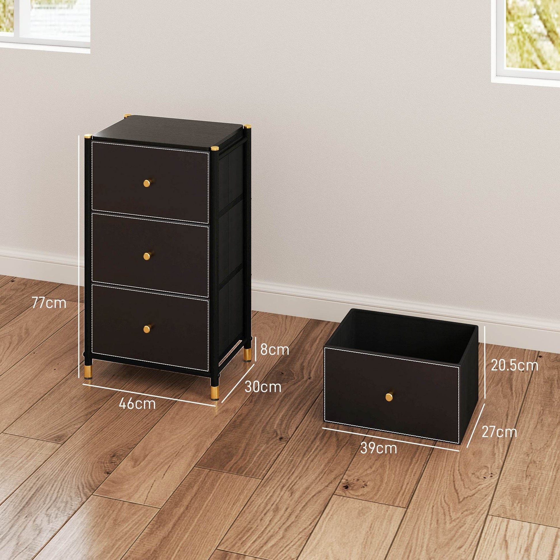 HOMCOM Sleek Black Faux Leather 3-Drawer Chest with Gold Accents - ALL4U RETAILER LTD