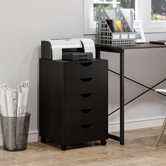 HOMCOM 5 Drawer Mobile Filing Cabinet Vertical File Cabinet Modern Rolling Printer Stand for Home Office Black - ALL4U RETAILER LTD