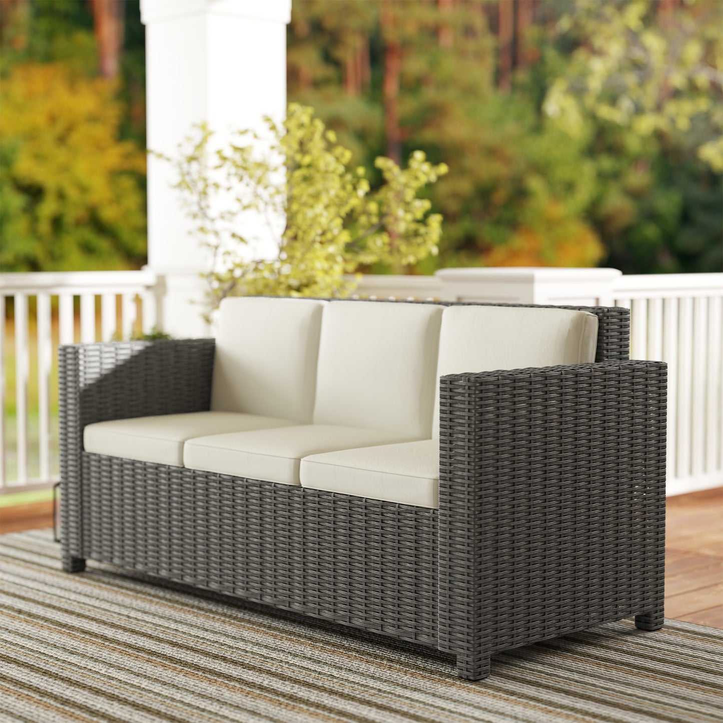 Outsunny 3 Seater Outdoor Rattan Sofa All Weather Wicker Weave Steel Frame With Cream Cushions Fire Resistant