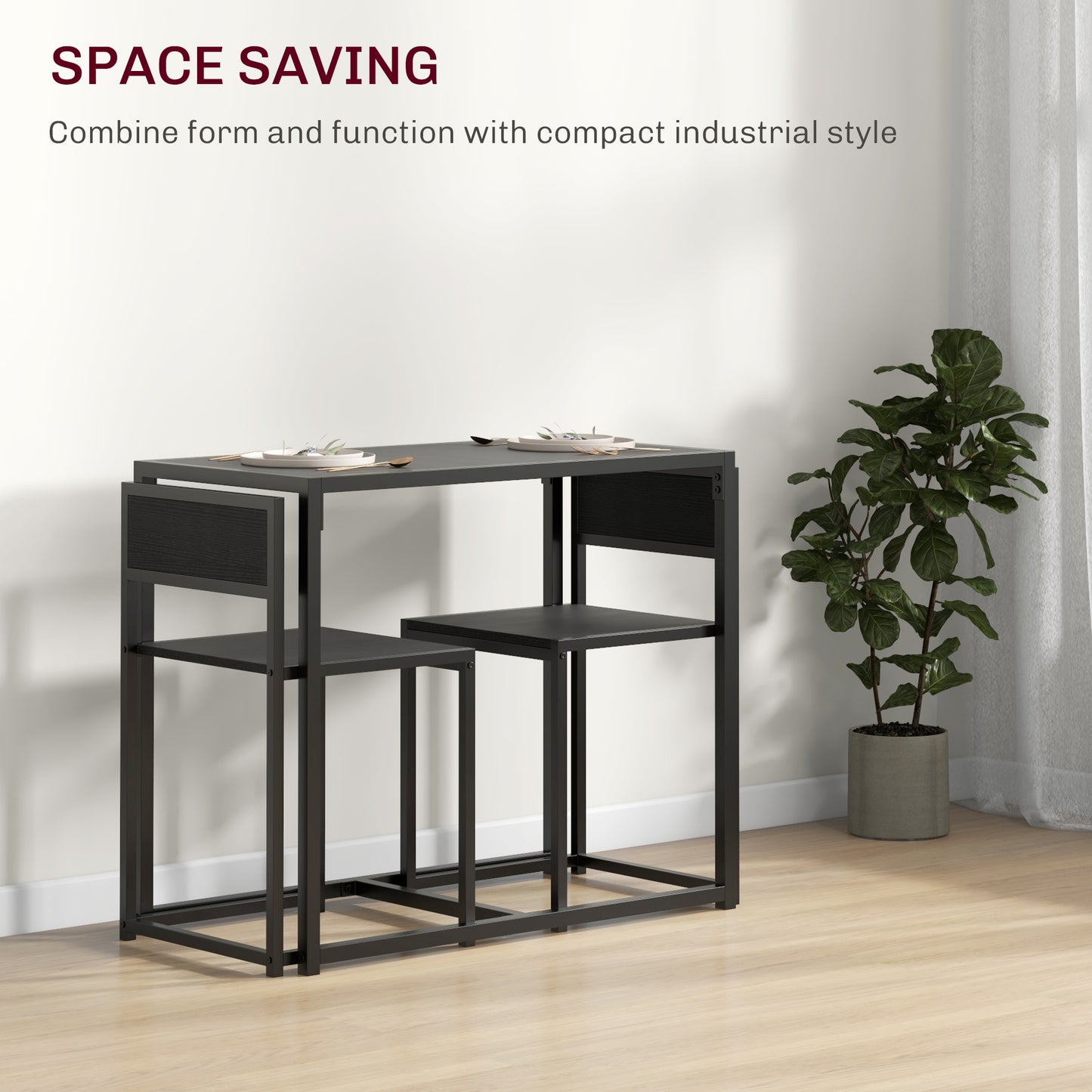 HOMCOM 2 Piece Dining Table and Chairs Set For Compact Kitchens Rectangular Space Saving Steel Frame Black