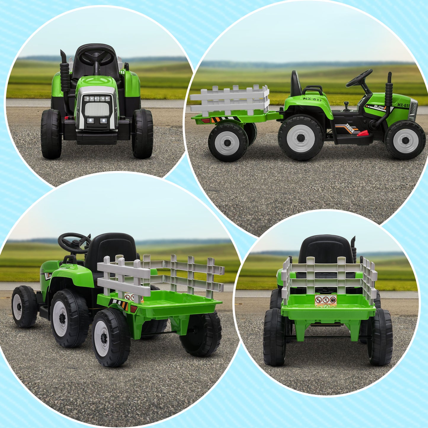 HOMCOM Electric Ride on Tractor with Detachable Trailer 12V Kids Battery Powered Electric Car with Remote Control Music for Kids Aged 3-6 Green - ALL4U RETAILER LTD