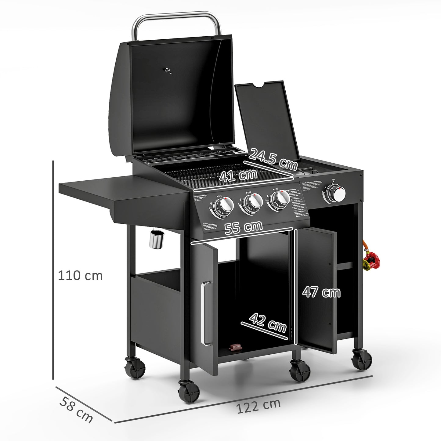Outsunny 3+1 Burner Gas BBQ Grill With Storage Cabinet And Shelves 9.5 kW Trolley With 6 Castor Wheels
