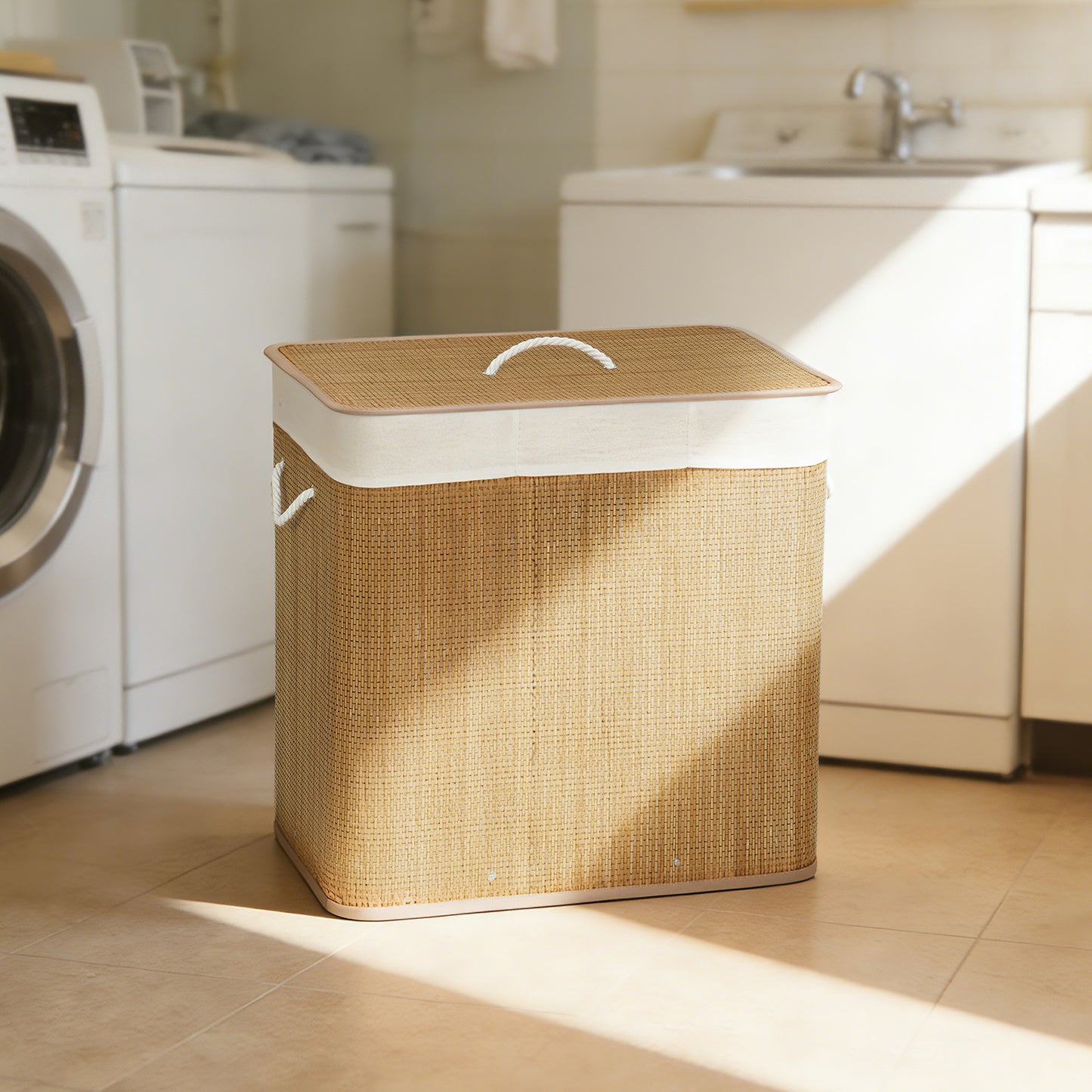 HOMCOM 3 Section Laundry Basket with Lid 144L Brown Bamboo Hamper with Handles Removable Washable Liner