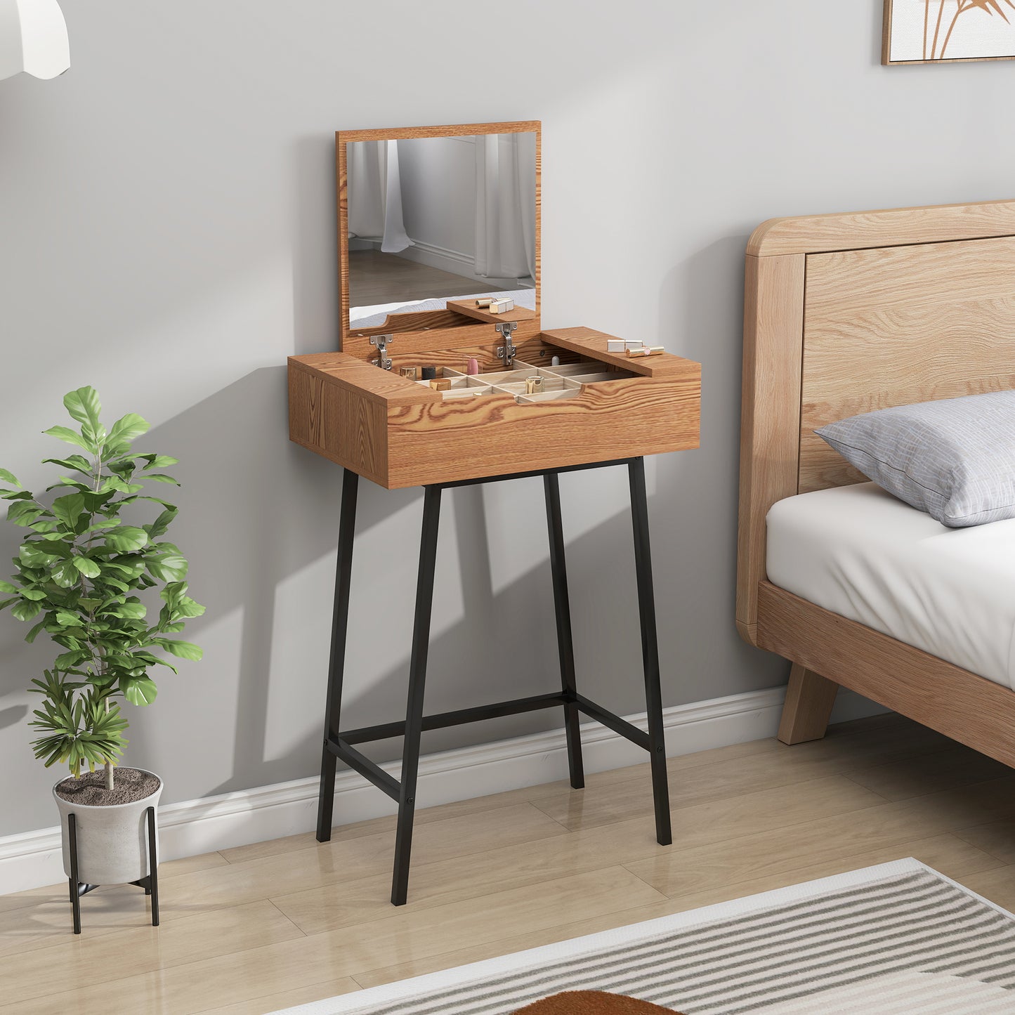 HOMCOM Vanity Desk With Flip Up Mirror And 16 Small Compartments Natural Wood Effect Dressing Table For Bedroom