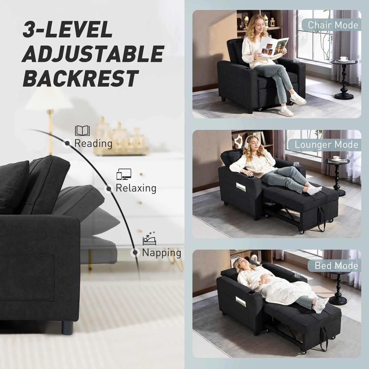 HOMCOM 3 In 1 Single Sofa Bed Convertible Sleeper Chair Bed Perfect For Small Spaces Black