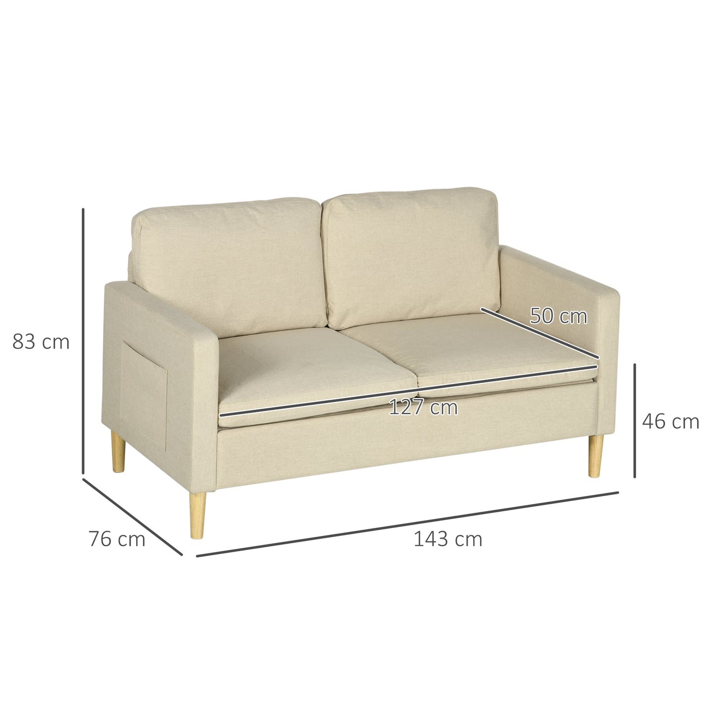 HOMCOM Beige Modern 2-Seater Sofa Couch with Side Pockets and Wooden Legs for Living Room and Home Office - ALL4U RETAILER LTD