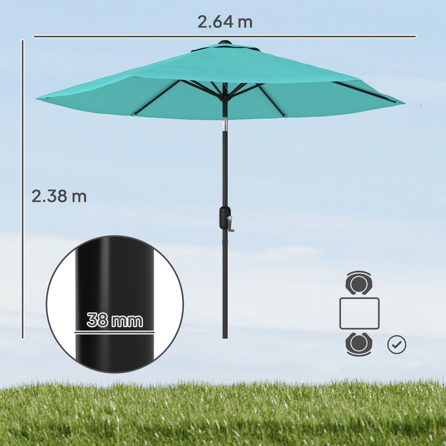 Outsunny 2.6 m Garden Parasol Umbrella With Aluminium Pole Outdoor Patio Umbrella With Tilt And Crank Vent Turquoise