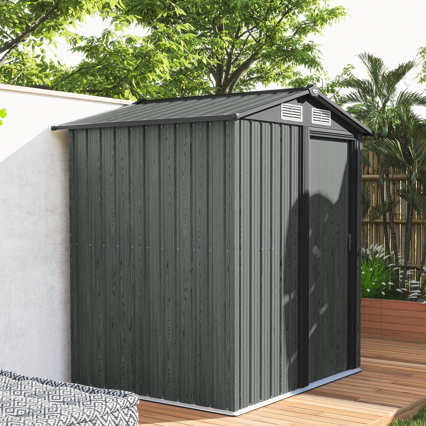 Outsunny Galvanised 4.3 x 5ft Outdoor Garden Storage Shed Grey Wood Effect Sheltered Roof With Ventilation