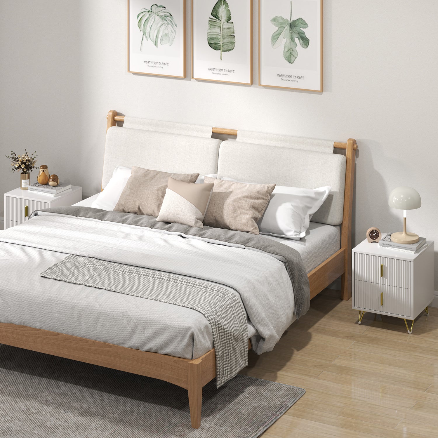 White two-drawer dresser with gold-tone handles, ridged drawer fronts, hairpin legs
