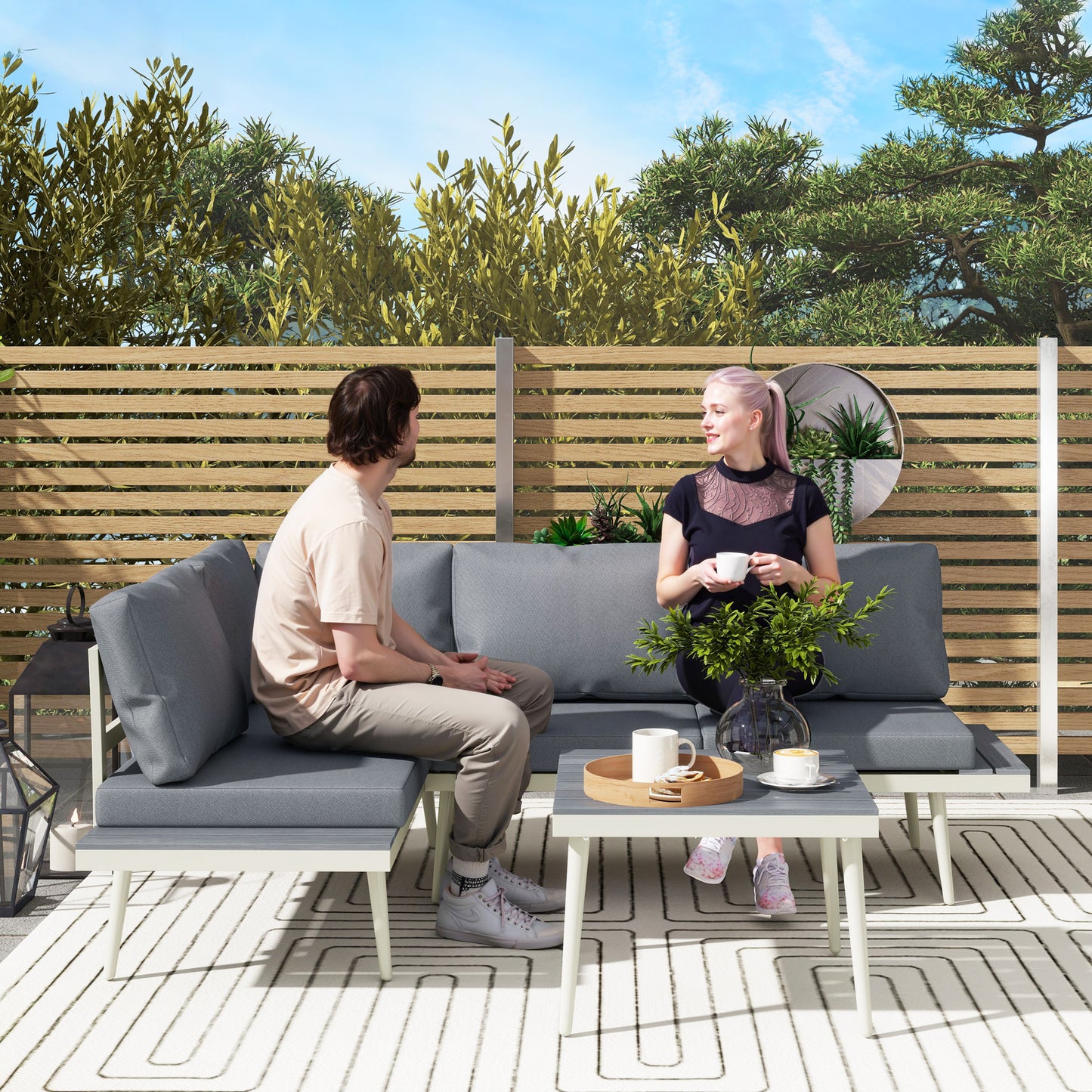 Outsunny 3 Piece Garden Furniture Set With 5 Level Adjustable Lounger And L Shaped Corner Sofa Cushions Table Grey
